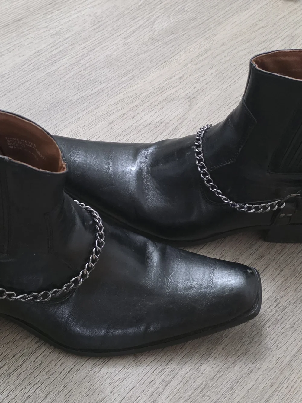 Men's Black Leather Ankle Boots with Silver Chain Accent Size 11